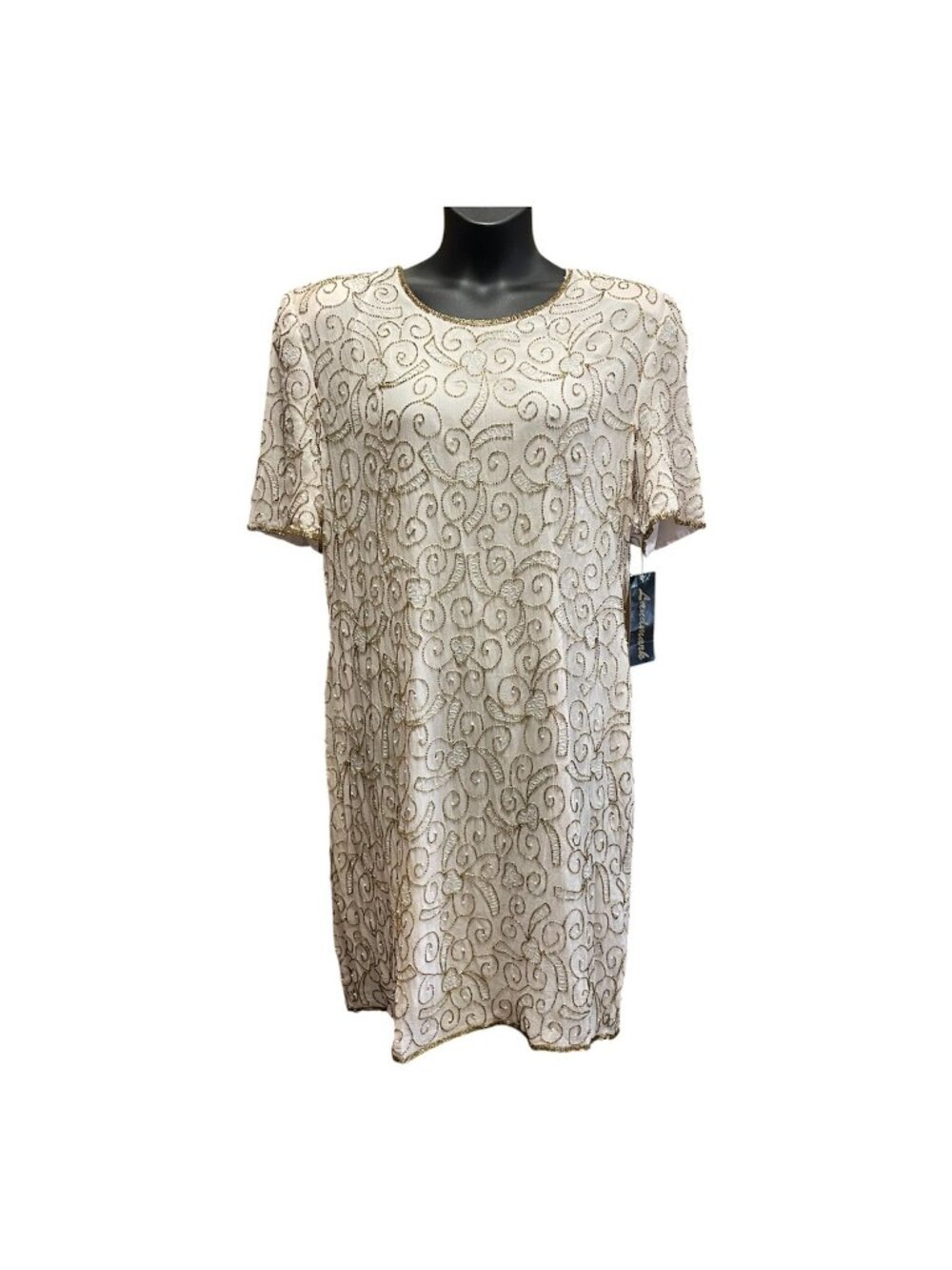 LandMark Womens Pure Silk Dress Sz 3X White Beaded Sequin Lined Short Sleeve